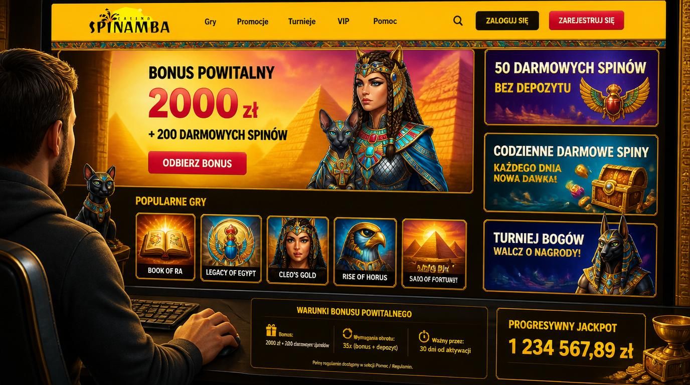 Scena z kasynem prezentującym bonusy powitalne – ekran z ofertą 100% do 750 PLN + 300 FS, ikony gier.