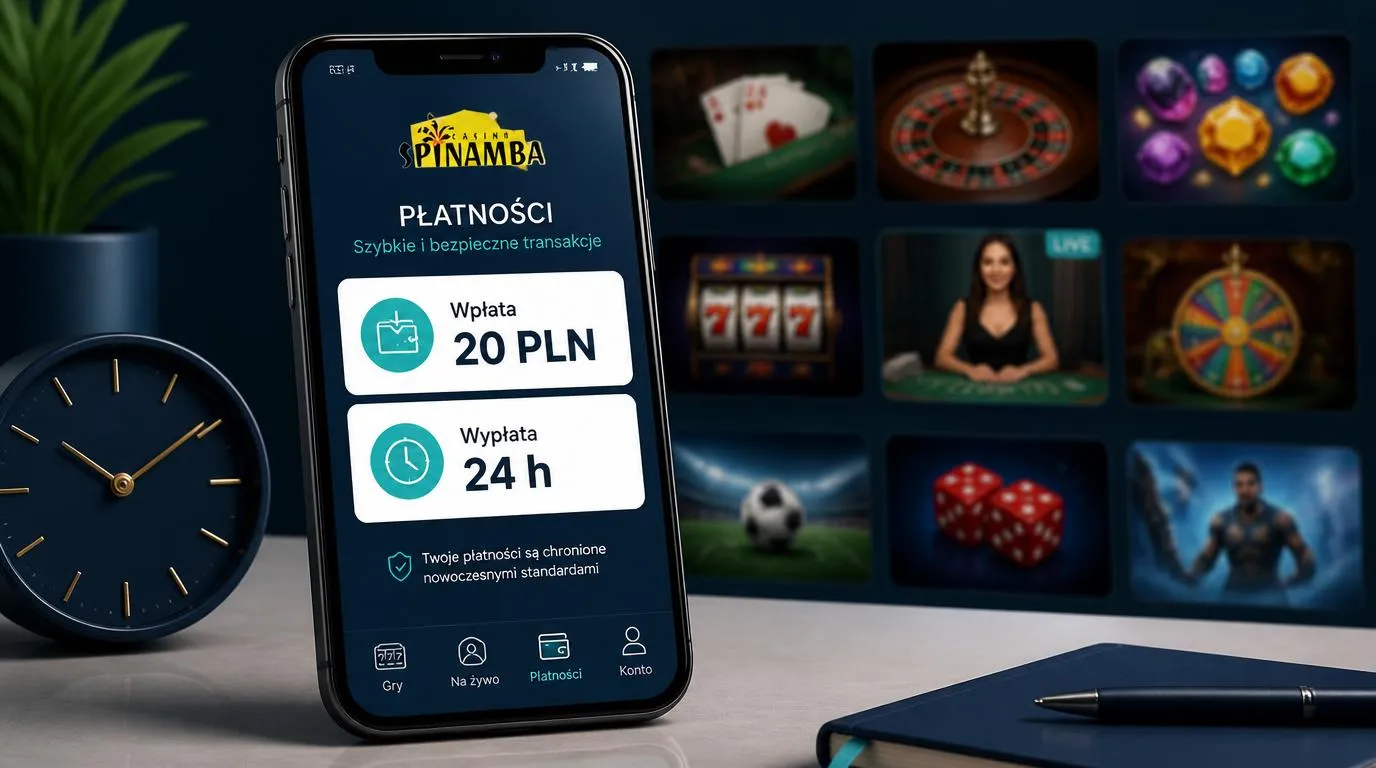 Telefon z panelem depozytu 20 PLN i wypłaty w 24 godziny obok kafelków gier oraz stołu z krupierem