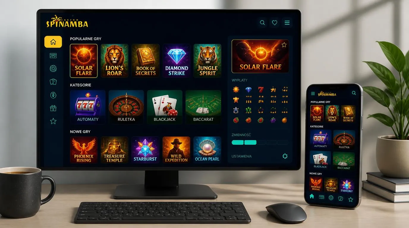Lobby kasyna z automatami, ruletką i blackjackiem oraz kartami informacji o mechanice gier